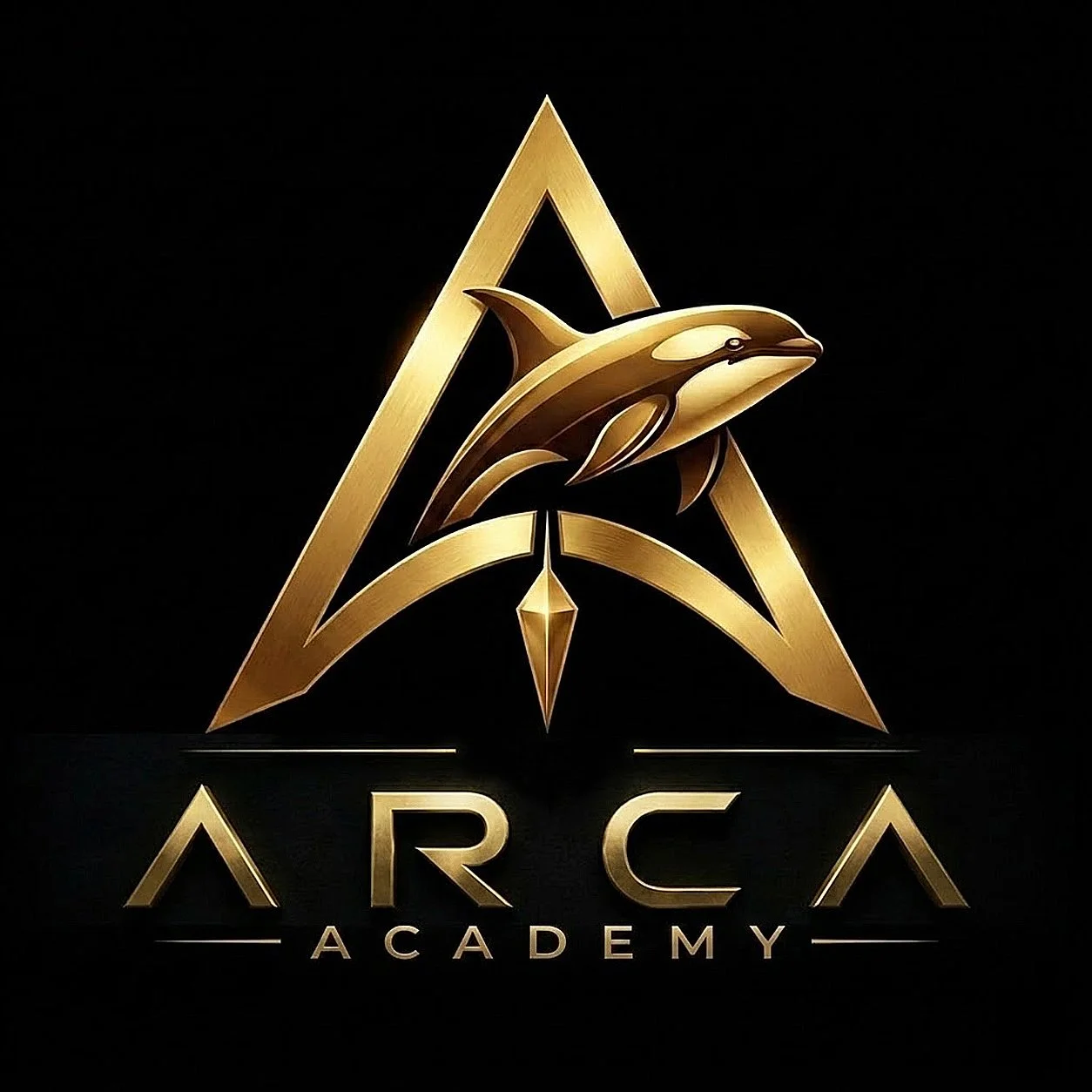 A gold logo features a stylized letter A integrated with a dolphin leaping over a compass needle, set against a black background. Below, the words "ARCA ACADEMY" are written in gold, modern font.