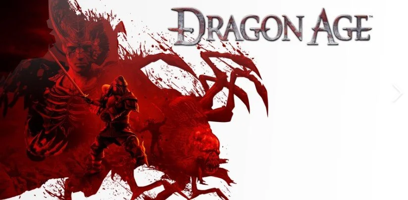 The image features the logo of the video game "Dragon Age" with red-tinted fantasy characters and creatures.