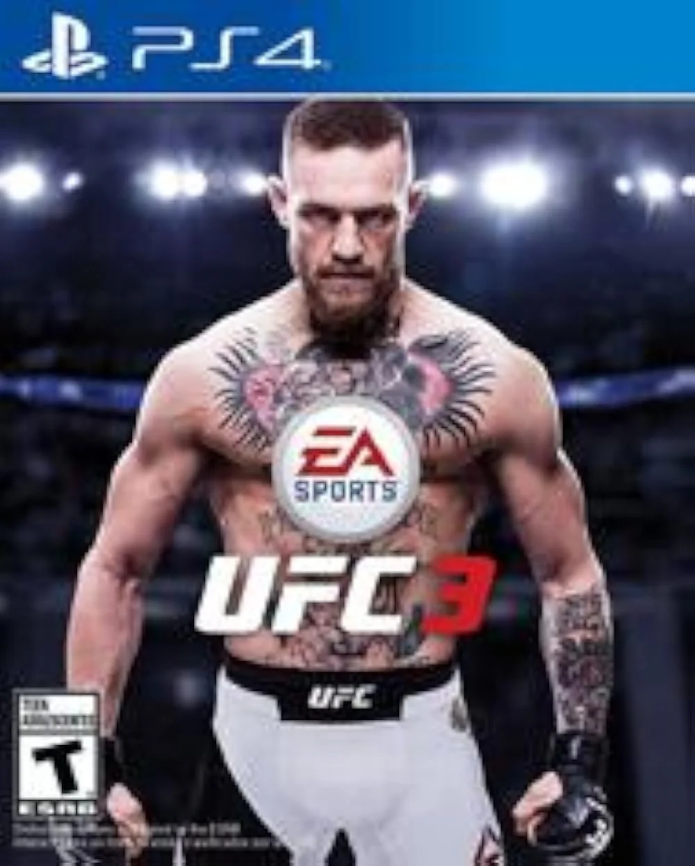 Cover art for UFC 3 video game for PlayStation 4 featuring a muscular male fighter with tattoos, short hair, and gloves, standing in an arena with bright lights.