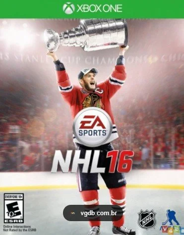 Ice hockey player in a red Chicago Blackhawks uniform holding the Stanley Cup trophy above his head, on the cover of the NHL 16 video game for Xbox One.