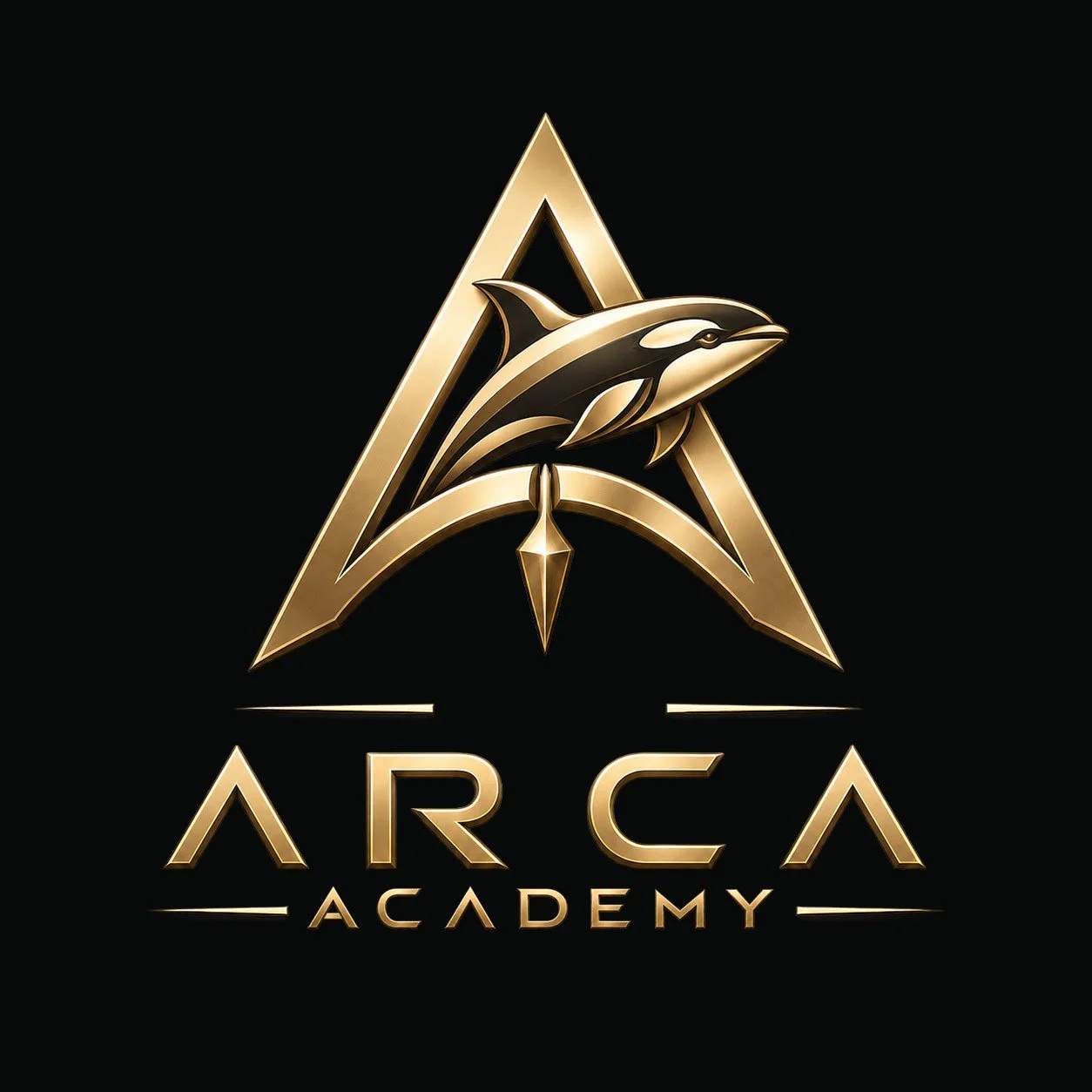 Gold and black logo for ARCA Academy featuring a stylized dolphin within a triangle and compass design.