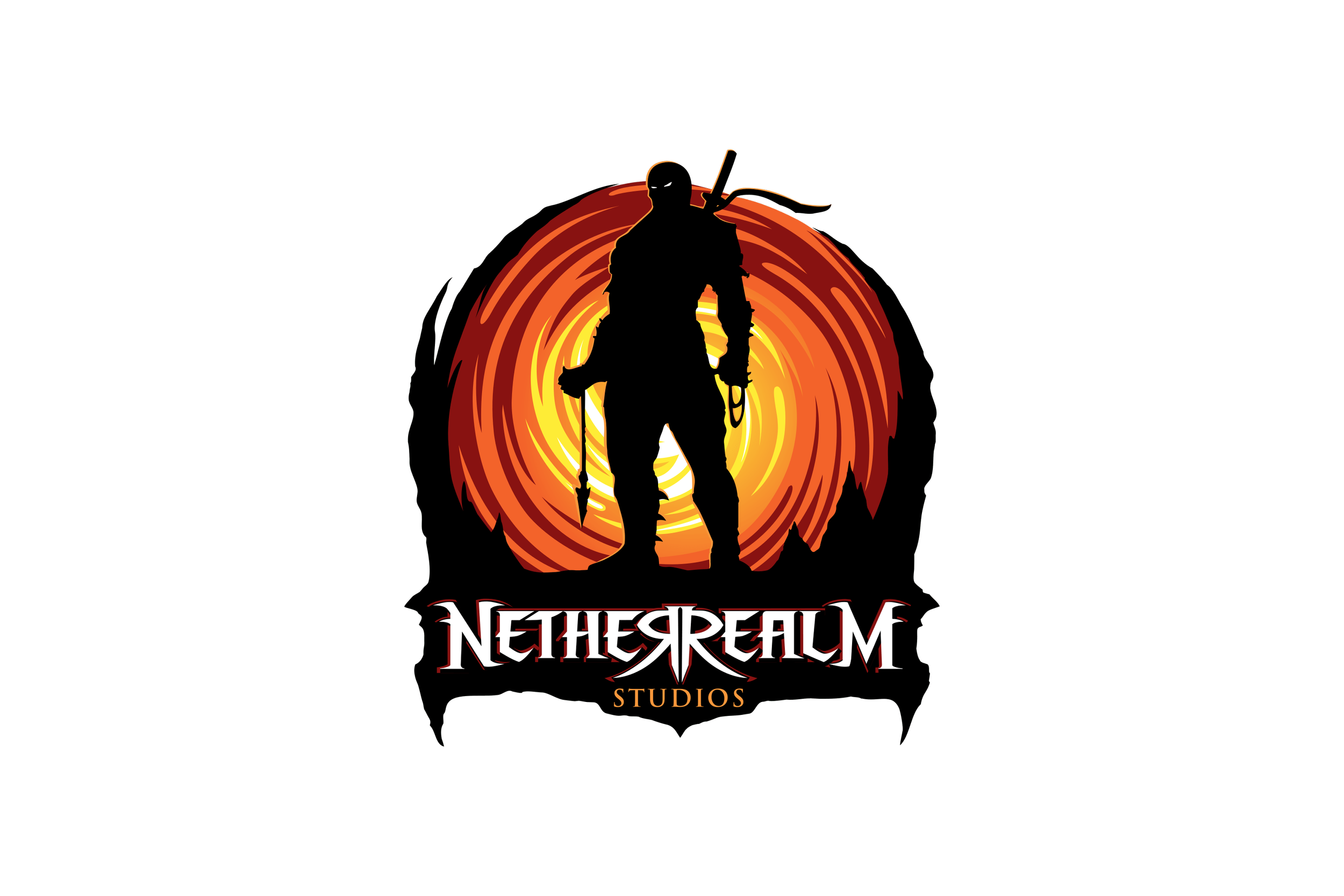 Silhouette of a person in front of a large pumpkin with fiery orange and yellow interior, with the text 'NETHERREALM STUDIOS' below.