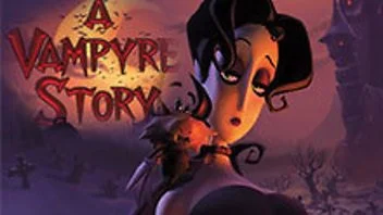 Animated scene from 'A Vampire Story' featuring a female vampire with dark hair and a somber expression, set against a dark, spooky background.