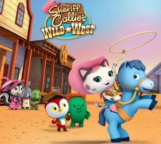 Animated characters from Disney's 'Sheriff Callie's Wild West,' featuring a pink cat riding a blue horse, with other animal characters in a Western-themed town setting at sunset.