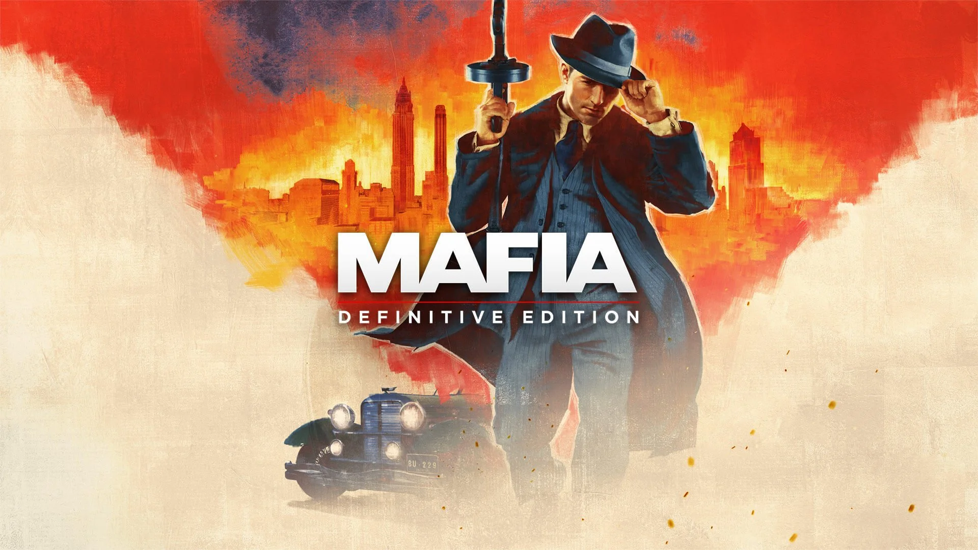 A promotional poster for the game Mafia: Definitive Edition featuring a man in a suit and hat holding a tommy gun, with a city skyline in the background, and a vintage car at the bottom.