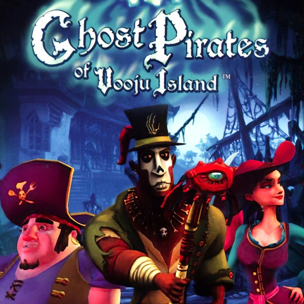 The image shows characters from the animated movie Pirates of the Caribbean: The Curse of the Black Pearl, featuring Jack Sparrow, Elizabeth Swann, and Hector Barbossa in pirate costumes, against a spooky, haunted house background with the title "Gho