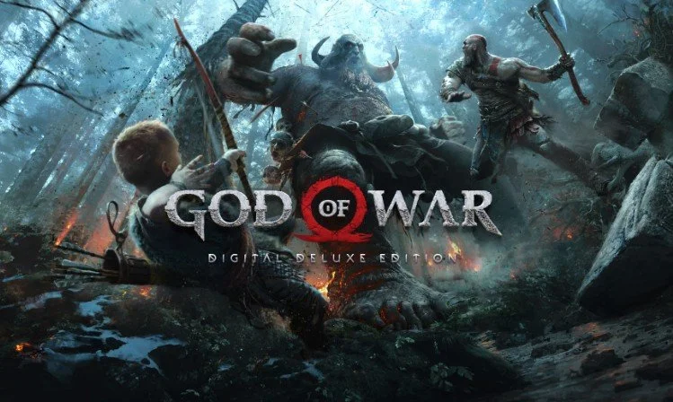 Cover art for the video game God of War showing a giant troll with horns and a large axe fighting two human warriors in a forest.