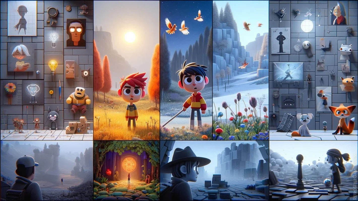 A collage of animated scenes showing various characters and landscapes from a video game or animated series, featuring colorful and stylized art with characters in outdoor and indoor settings.