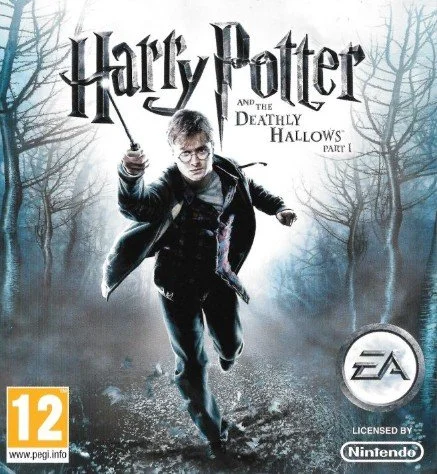 Video game cover for 'Harry Potter and the Deathly Hallows Part 1' featuring Harry Potter running through a foggy, spooky forest with leafless trees, holding a wand, with the title and logos for EA and Nintendo.