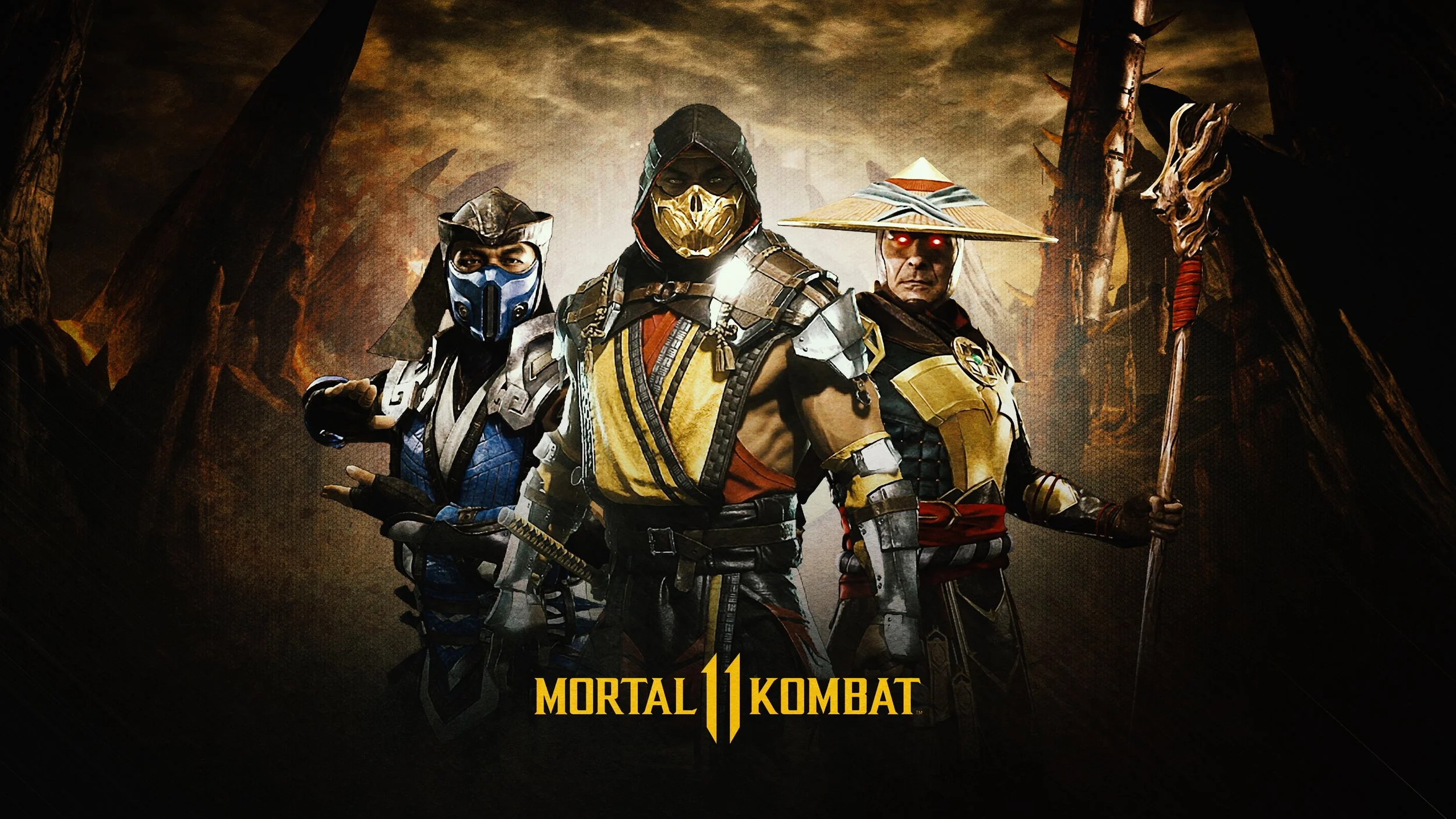 Four characters from the video game Mortal Kombat 11 in martial arts stances, wearing detailed costumes and masks, standing in a dark, fiery background with the Mortal Kombat 11 logo at the bottom.