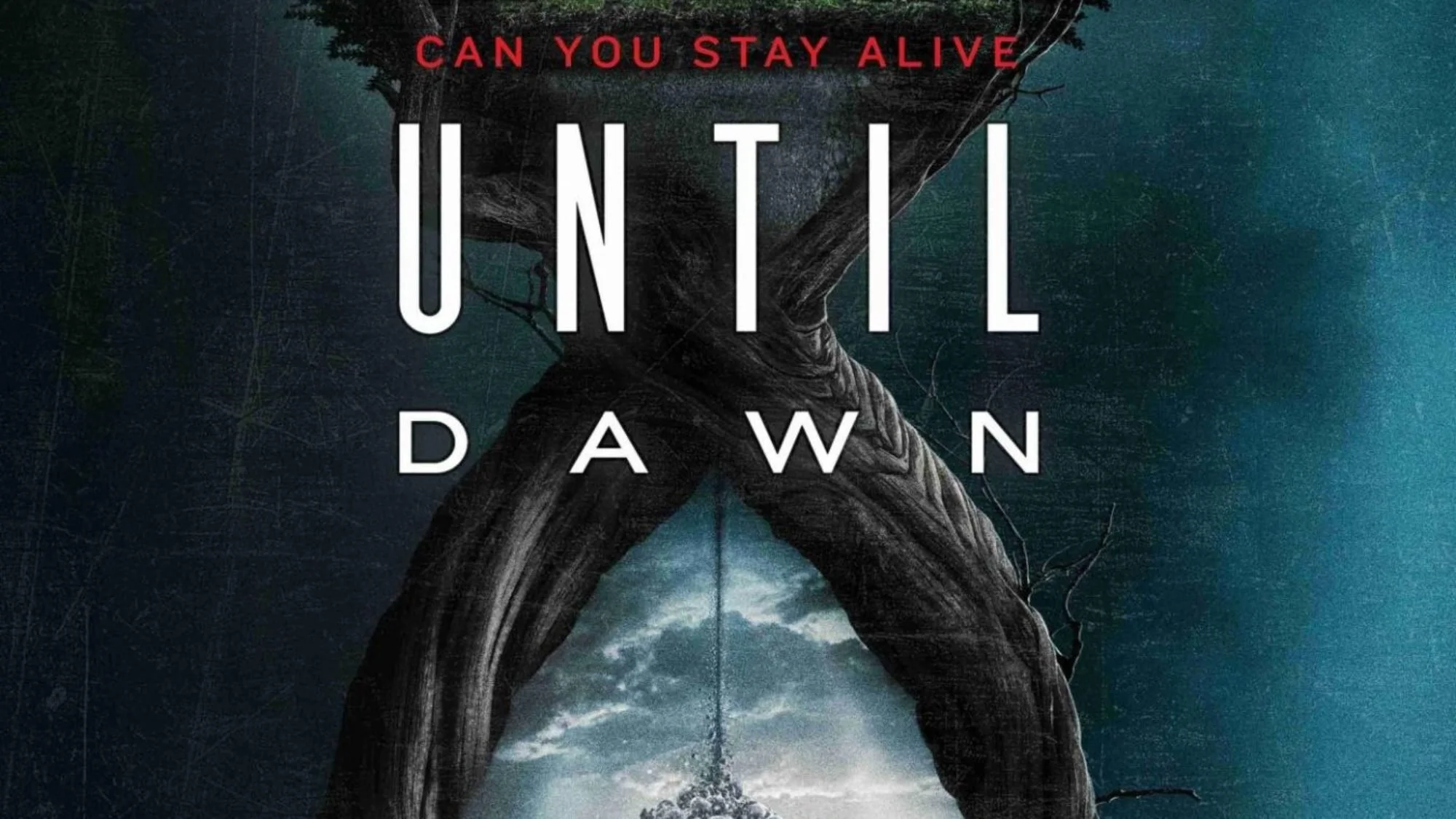 A graphic of a tree with roots forming a strange face. Text reading 'Can you stay alive until dawn' is overlaid, with 'Can you stay alive' in red and 'until dawn' in white.