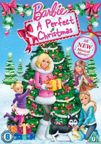 Illustration of a Christmas tree surrounded by four young girls, including Barbie, with presents underneath. The scene is festive with snow and decorated trees. A sign reads 'Barbie A Perfect Christmas' and mentions a new musical movie.