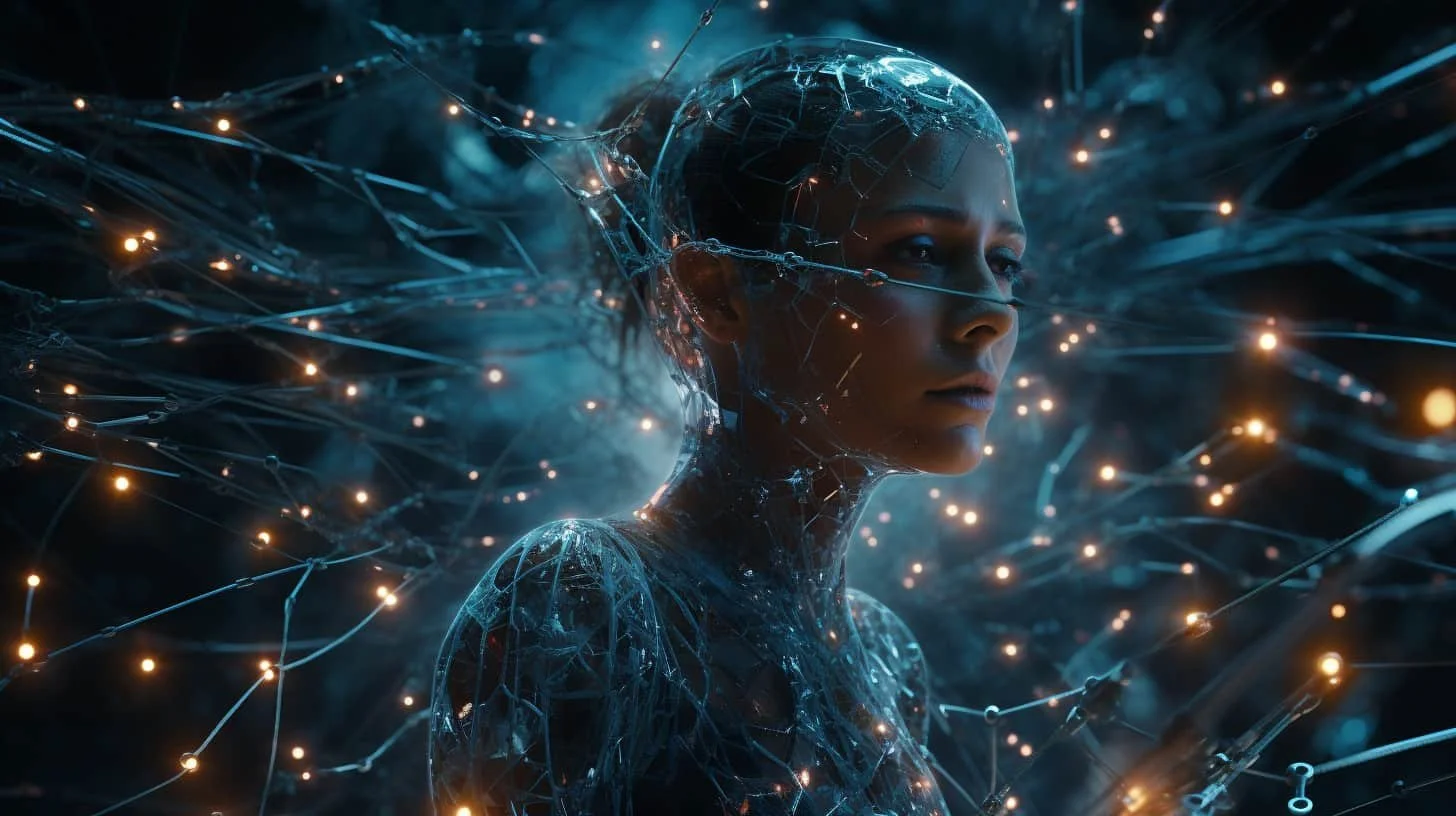 A futuristic digital artwork of a woman with a sleek face and glowing skin, surrounded by an intricate web of glowing blue and gold lines and lights, creating a sci-fi or cybernetic appearance.