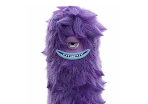 Purple furry monster with one eye and a blue, smiling mouth showing teeth.