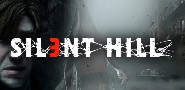 Title screen of the game 'Silent Hill' with a dark, foggy background, a male character, and a car on a deserted street.