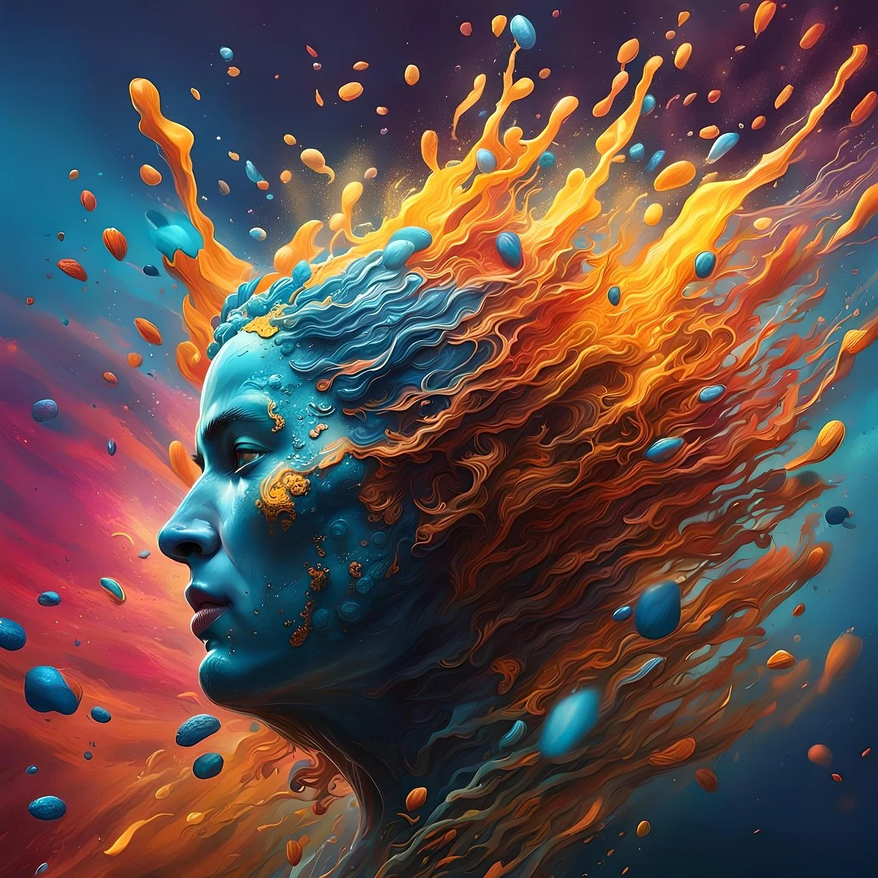 Digital artwork of a woman's profile with flowing hair made of bright orange and blue abstract elements, surrounded by floating shapes and vibrant colors.