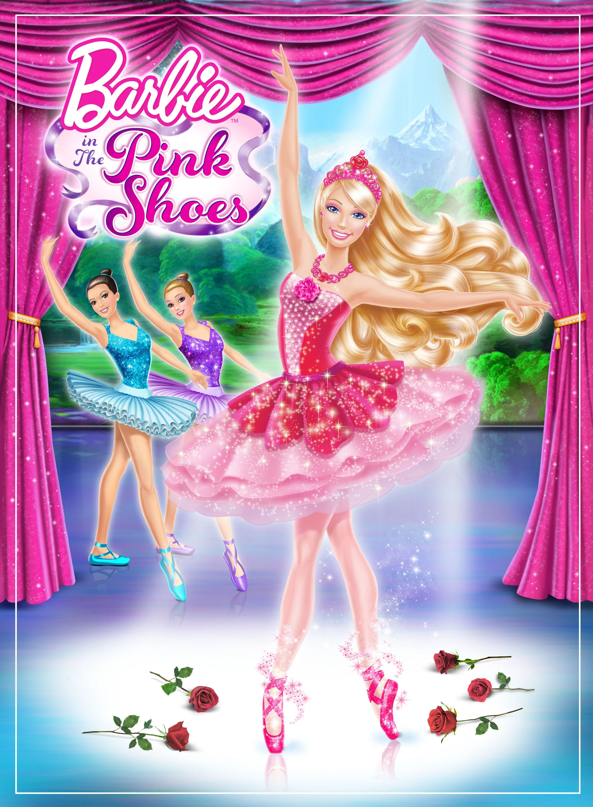 Cover art for Barbie in The Pink Shoes, showing Barbie as a ballerina with long blonde hair, a pink tutu, and pink ballet shoes, raising one arm. Two other ballerinas in blue and purple tutus are present, and red roses are scattered on the floor. Beh