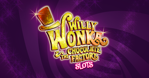 Logo for Willy Wonka & the Chocolate Factory Slots, featuring a chocolate bar and a shiny hat on a purple background.