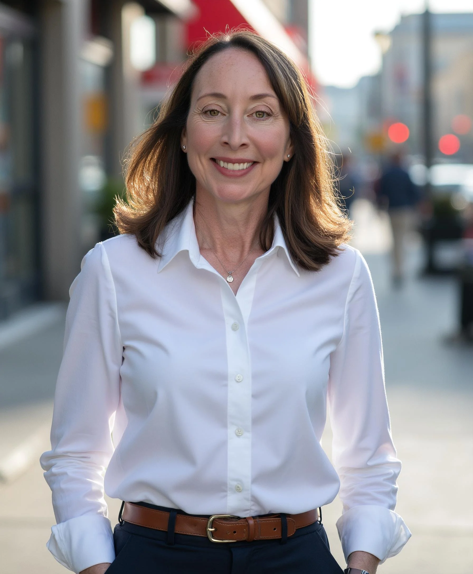 Image of Katheleen standing in the street in front of a building.