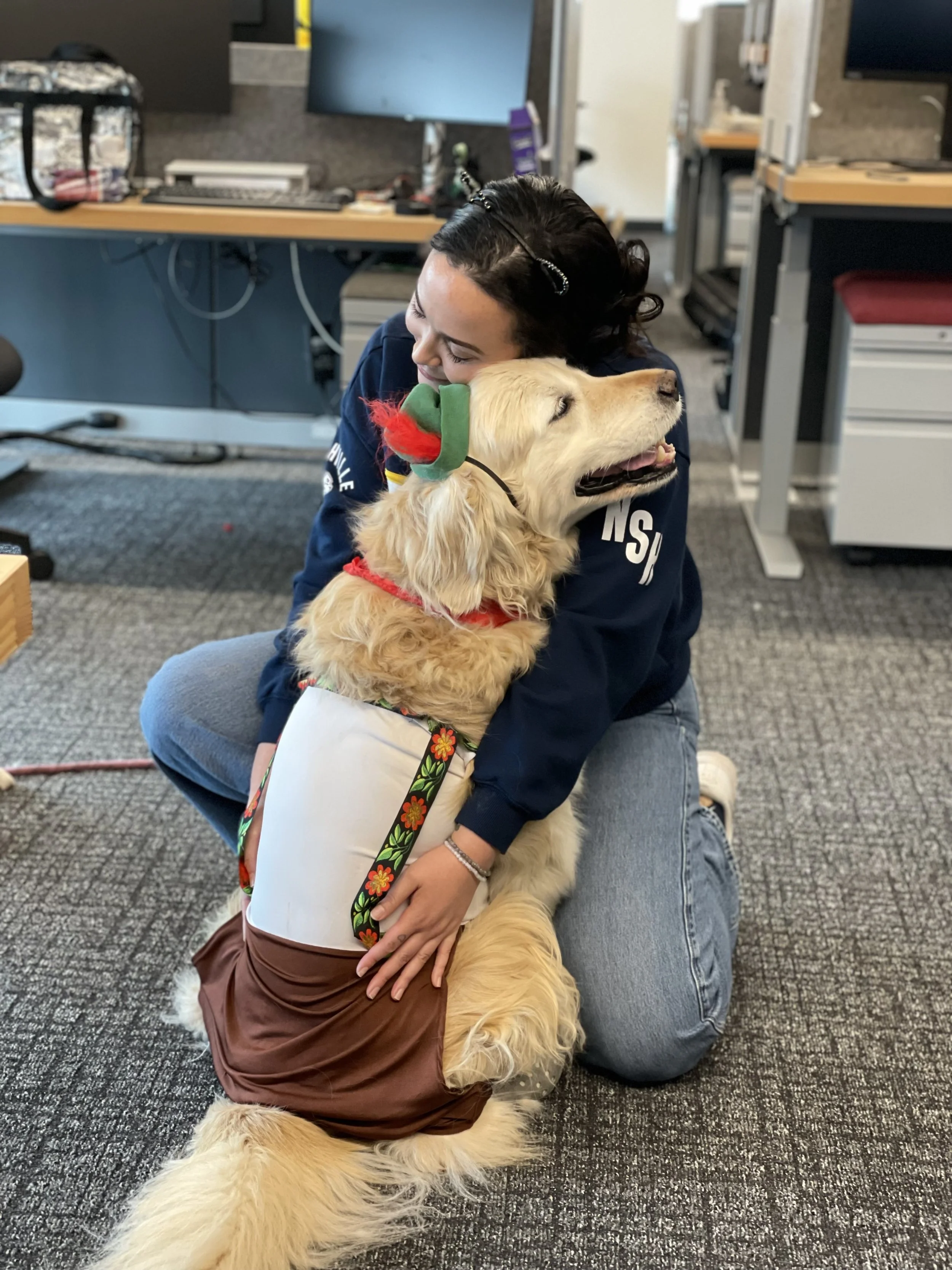 A woman hugging a large golden retriever dog, which is wearing a holiday-themed bow and a decorative collar, in an office setting with desks, computers, and office supplies in the background.