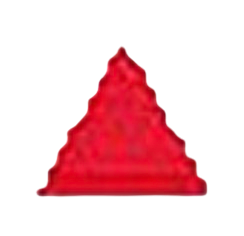Close-up of a red, multi-layered Christmas tree-shaped dessert.