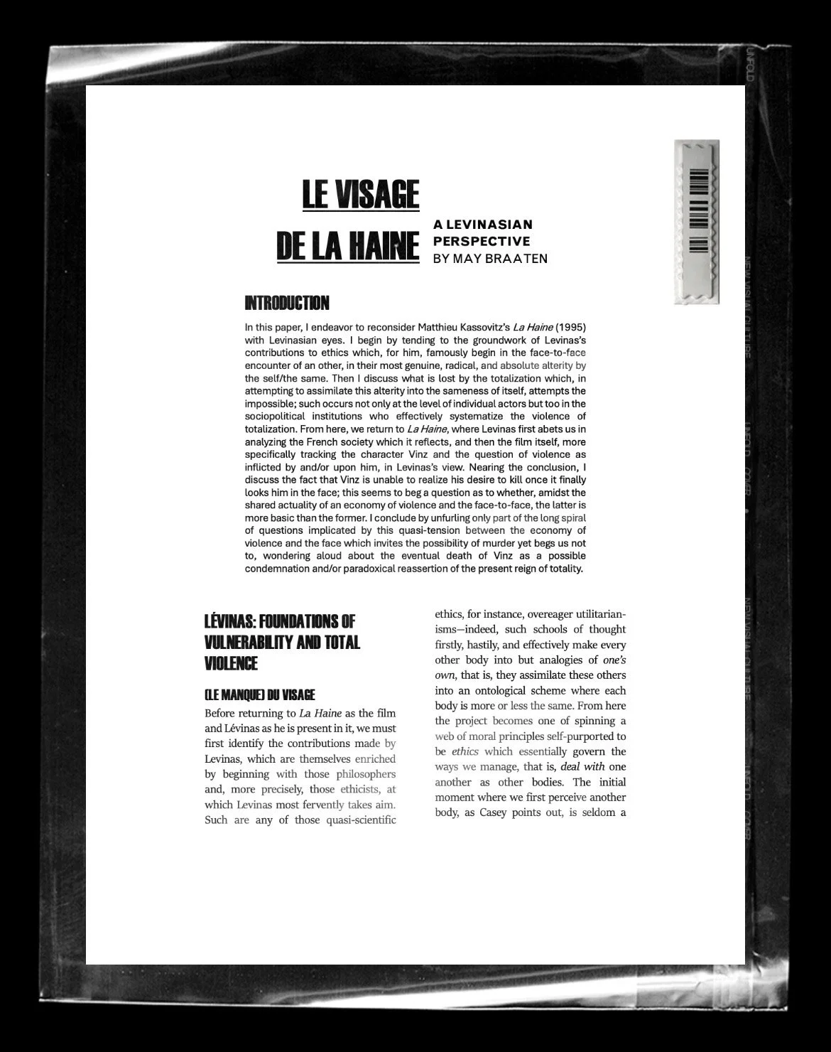 Page from a book or article with bold title 'Le Visage de La Haine' and subheading 'A Levinasian Perspective by May Braaten'. The text discusses themes of vulnerability, violence, and ethics, referencing Matthieu Kassovitz's 'La Haine' (1995) and philosophical ideas about face-to-face encounters and morality.