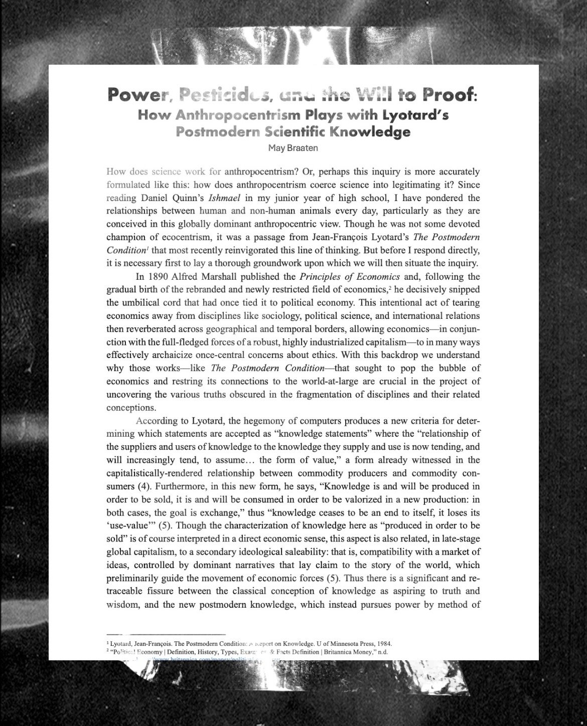 Photograph of a printed scholarly article titled 'Power, Pesticides, and the Will to Proof: How Anthropocentrism Plays with Lyotard's Postmodern Scientific Knowledge' by May Braaten.
