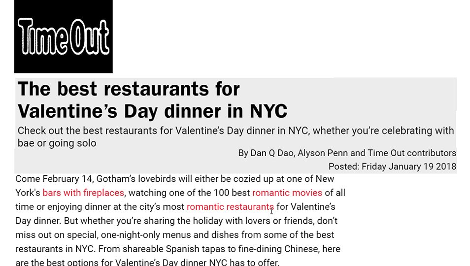 [TimeOut] The Best Restaurants for Valentine’s Day Dinner in NYC