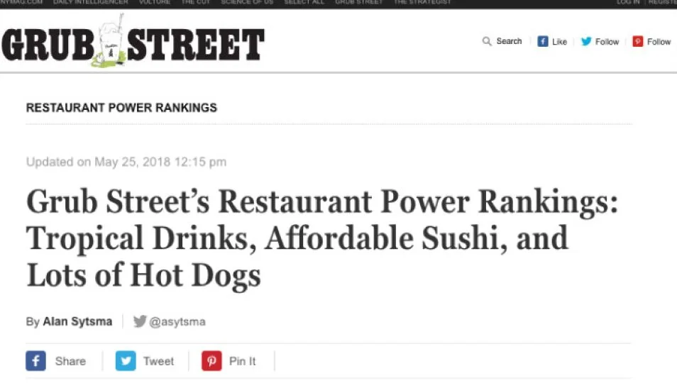 [Grub Street] Restaurant Power Rankings