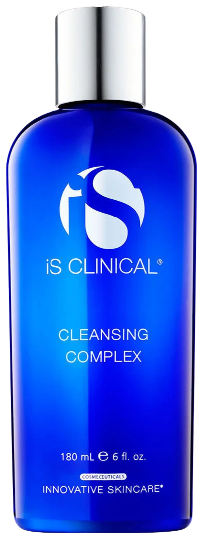 A blue bottle of iS Clinical Cleansing Complex with a silver cap.