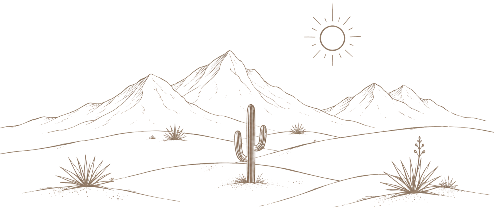 Line drawing of a desert landscape with mountains in the background, a bright sun in the sky, and various desert plants including cacti and bushes.