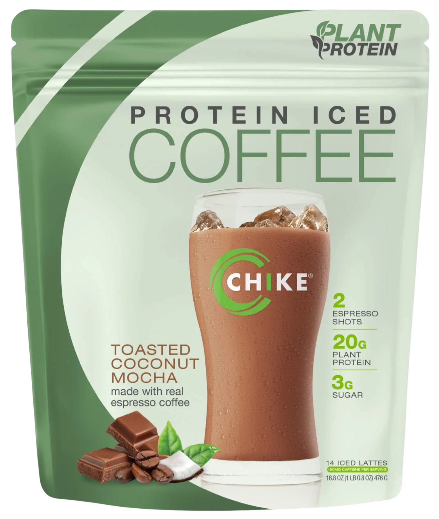 Packaging of Plant Protein Iced Coffee with toasted coconut mocha flavor, featuring a tall glass of iced coffee with ice cubes, chocolate pieces, and coffee beans, and highlighting nutritional information such as espresso shots, plant protein, and sugar content.
