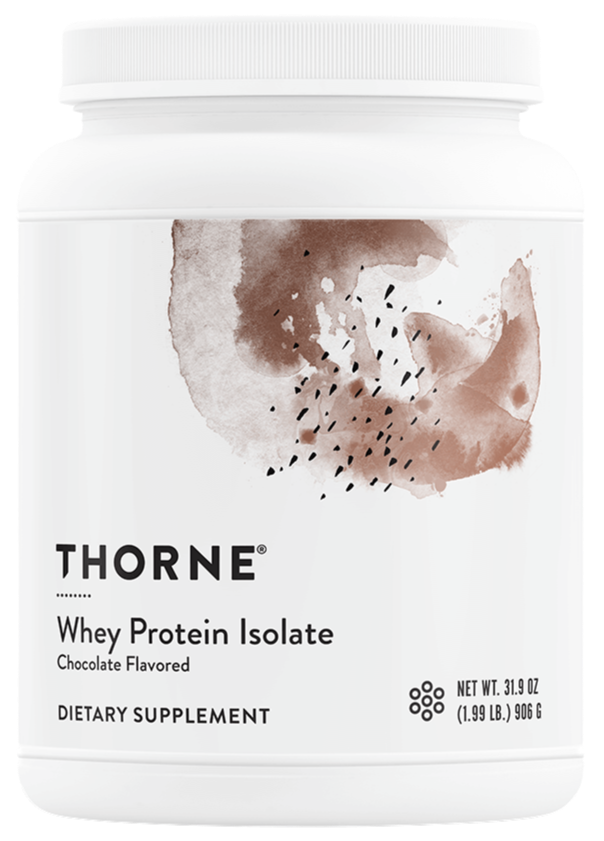 A container of Thorne Whey Protein Isolate chocolate flavor dietary supplement.