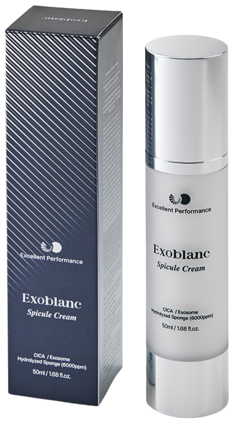 A bottle of Exoblanc Spicule Cream next to its box packaging.