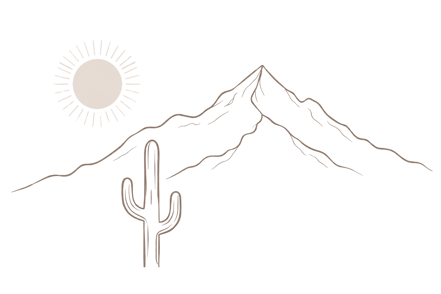 A mountain with a cactus plant in front of it, and the sun shining in the sky.