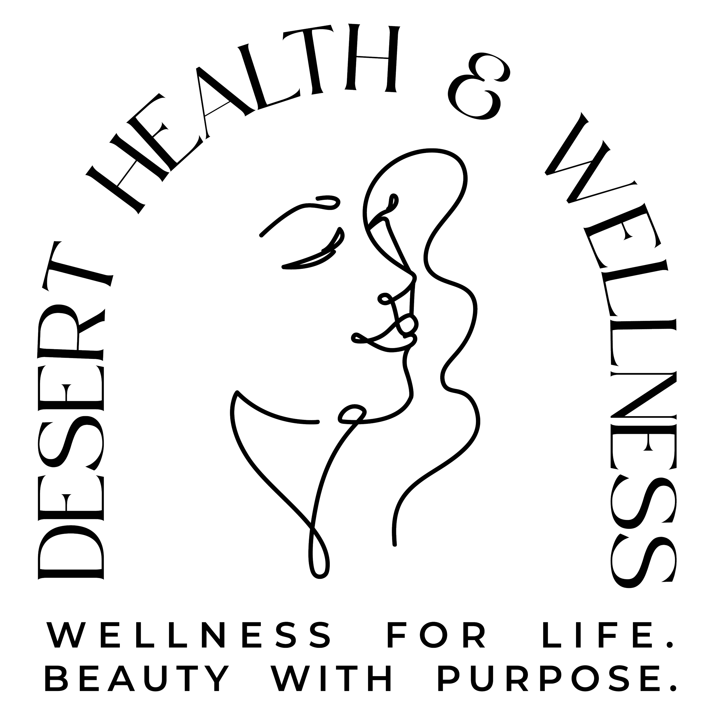 Design with stylized text reading 'Wellness for life, beauty with purpose' arranged in a circular pattern around a decorative small dog illustration.