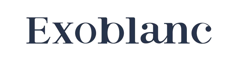 The word "Exoblanc" written in large, dark blue serif font on a plain black background.
