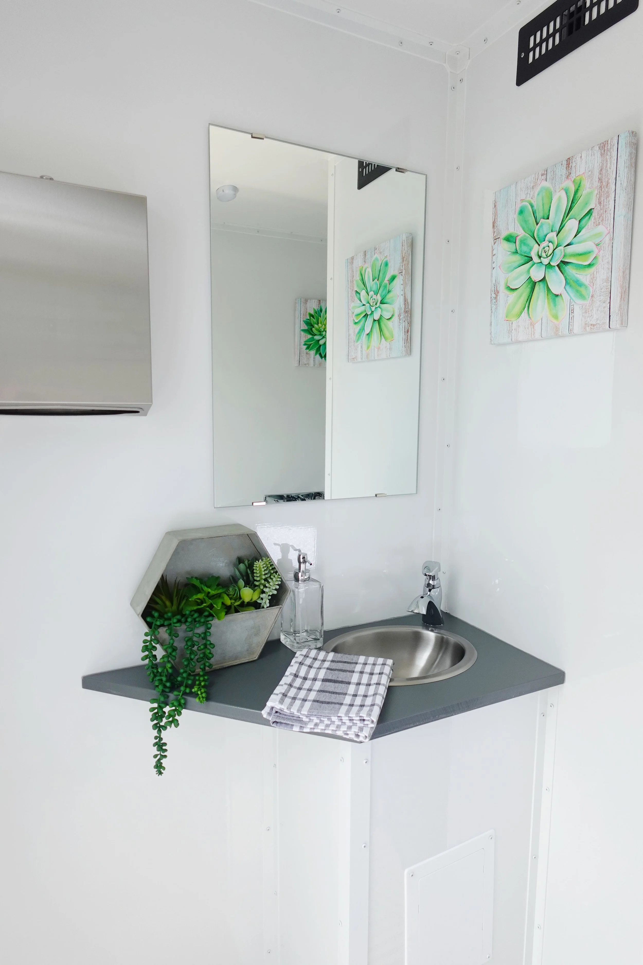 Close-up of a small bathroom sink vanity with a gray countertop, a round metallic sink, a black faucet, a folded checkered hand towel, a clear soap dispenser, a decorative geometric planter with green plants, and two wall-mounted framed pictures of green succulents on a light-colored wall.