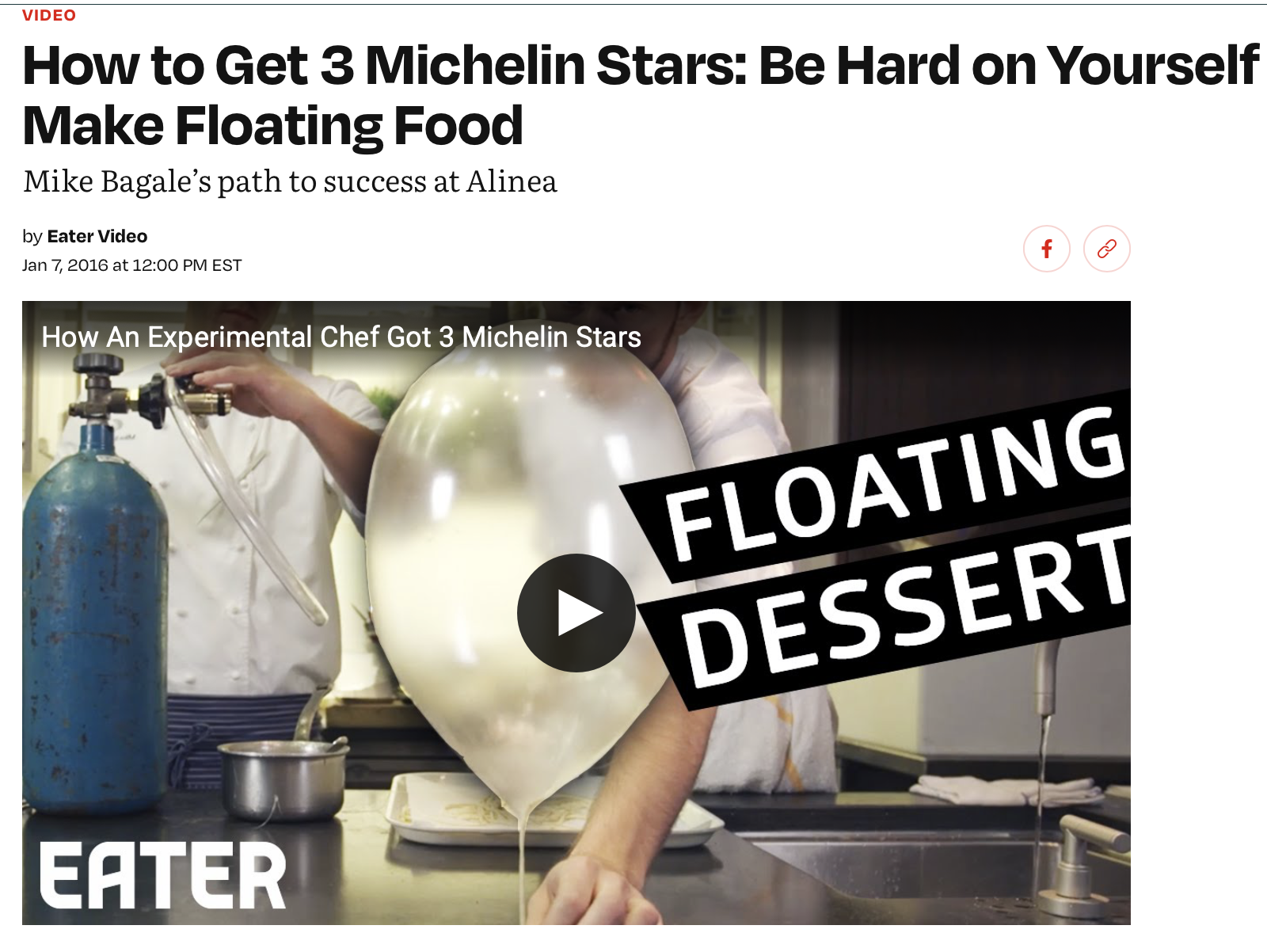 A person in a white chef's coat uses a large helium balloon to make a floating food dessert in a professional kitchen. The image highlights a video about creating floating food desserts with the title overlay "Floating Dessert" and a play button.