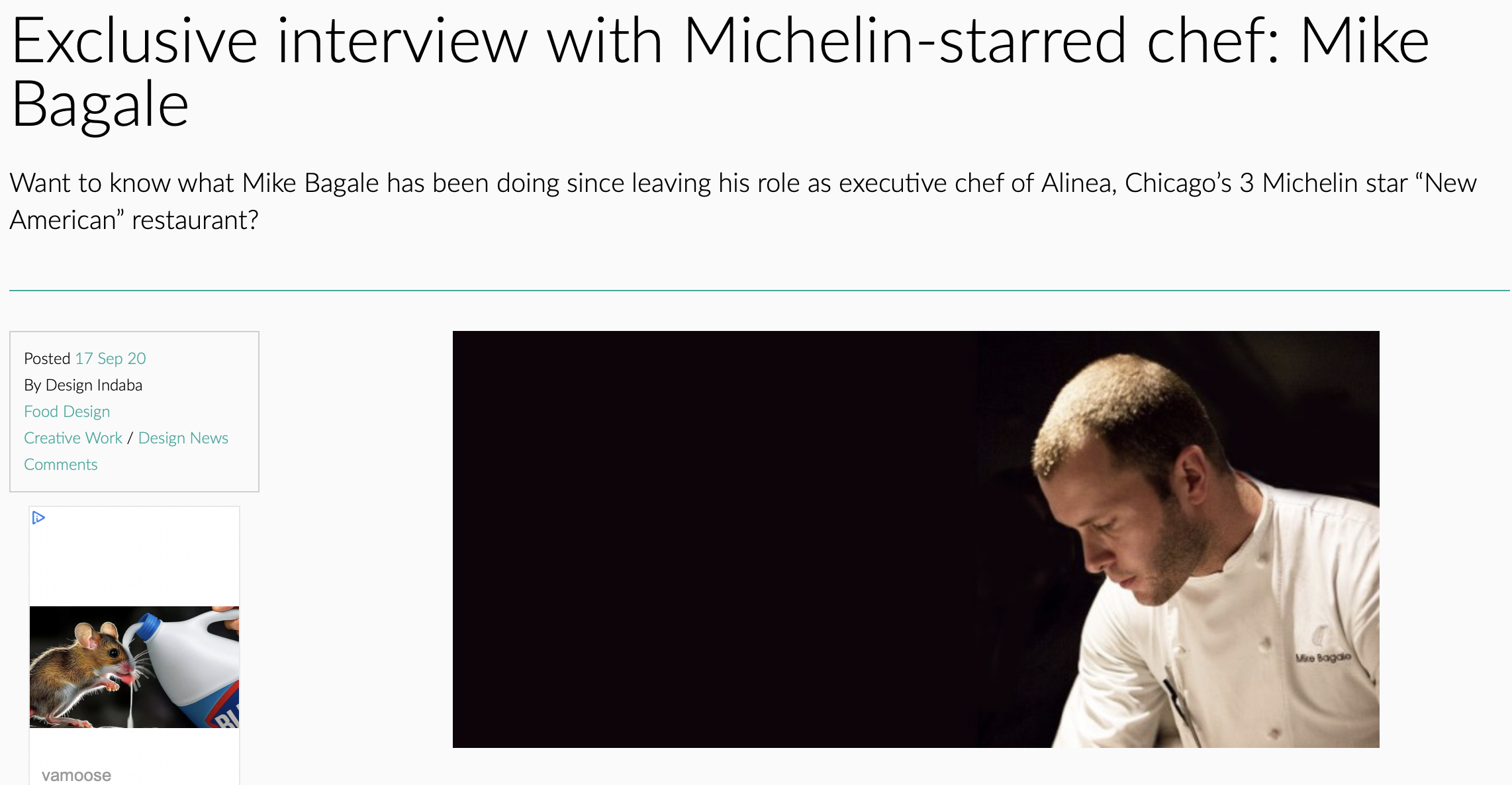 A screenshot of an online article featuring an interview with Chef Mike Bagale. The article includes a photo of Mike Bagale wearing a white chef's uniform and looking down. The text introduces the interview and provides publication details.