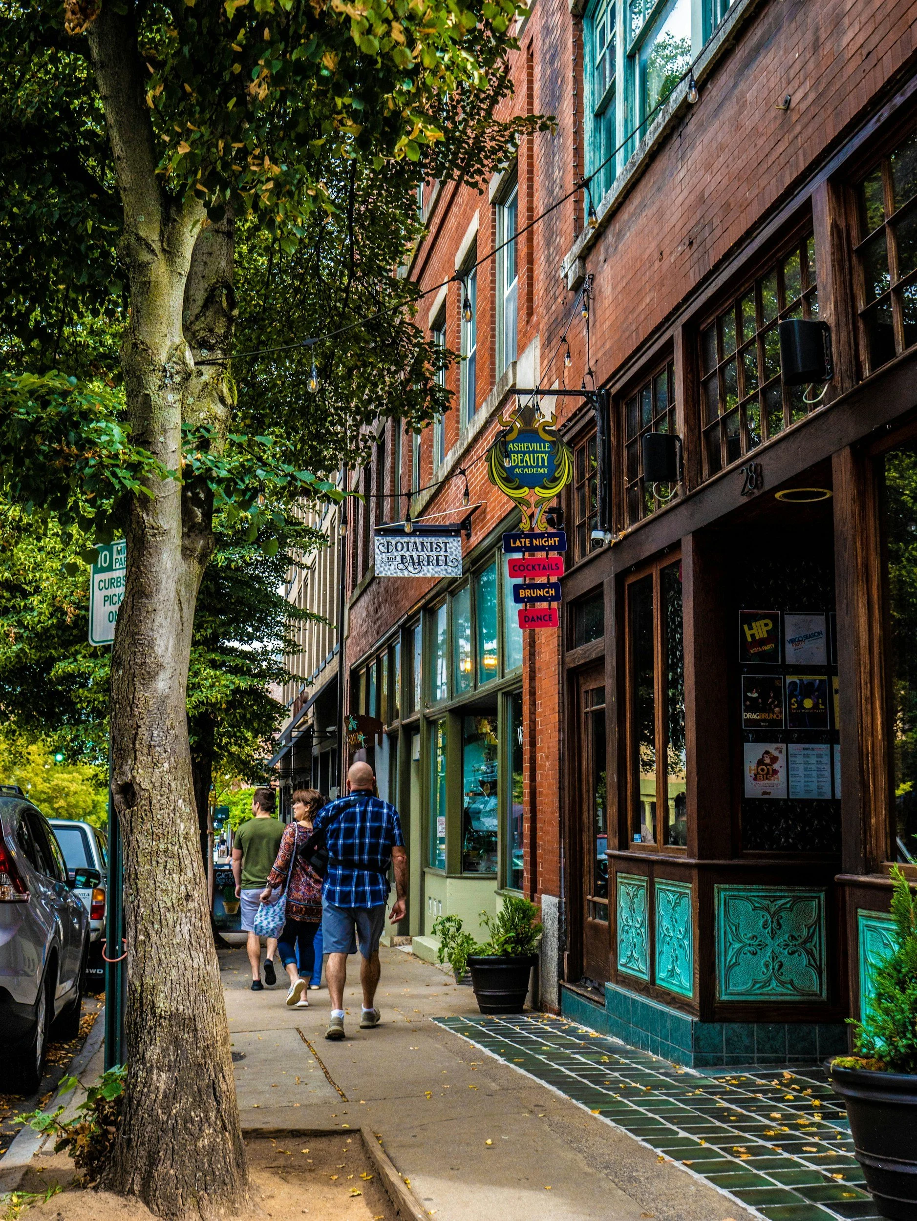 A sidewalk scene of small bussinesses in Downtown Asheville with people walking, surrounded by parked cars, a large tree with green leaves, and buildings with storefronts and signs, including one for Asheville Beauty Academy.