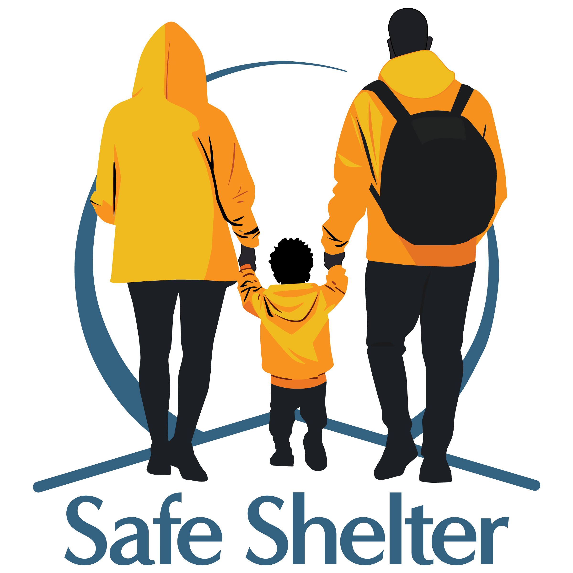 Logo for Safe Shelter, a community homeless shelter and non-profit in Asheville, NC. Two adults walking hand in hand with a child, both wearing orange jackets and black pants. The person on the right has a black backpack.