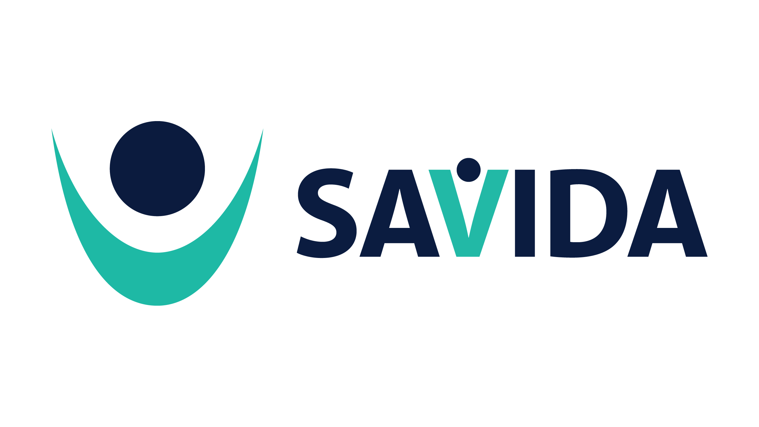 Logo for SAVIDA featuring a abstract smiling face with a circle and curved lines in teal and dark blue, and the word SAVIDA in capital letters with a teal 'V'.