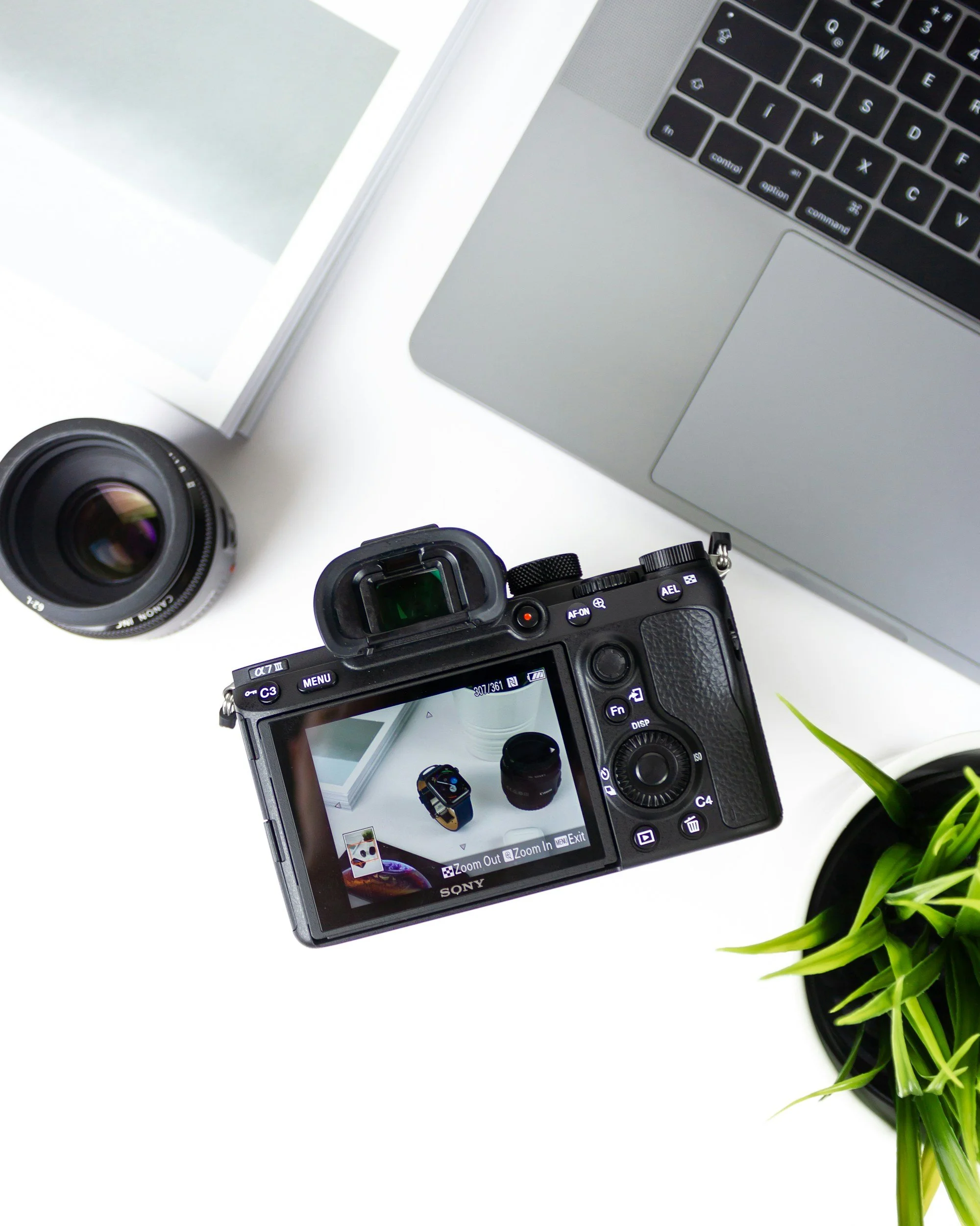 A digital camera with a large screen displaying a close-up of a wristwatch, a black camera lens, a camera strap, a silver laptop, a white photo frame, and a potted green plant on a white surface.