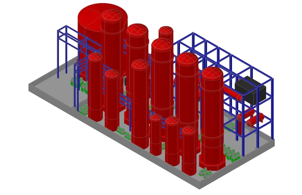 A 3D rendering of an industrial facility with large red storage tanks, blue structural framework, and smaller other components on a gray base.