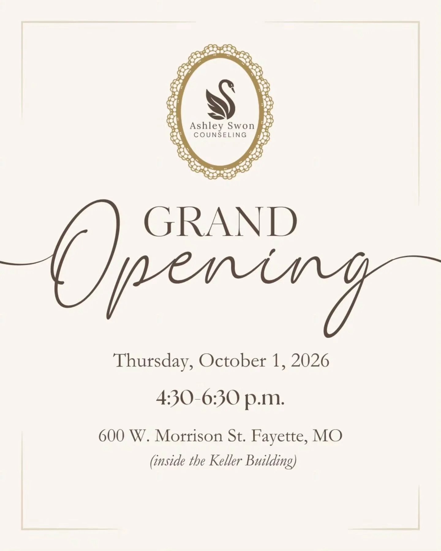 If you are near Fayette, MO, save the date! This is a come-and-go event. Grab some refreshments, tour the office, and pick up some Ashley Swon Counseling swag.
 
#openhouse #grandopening #privatepractice #therapy #missouri
