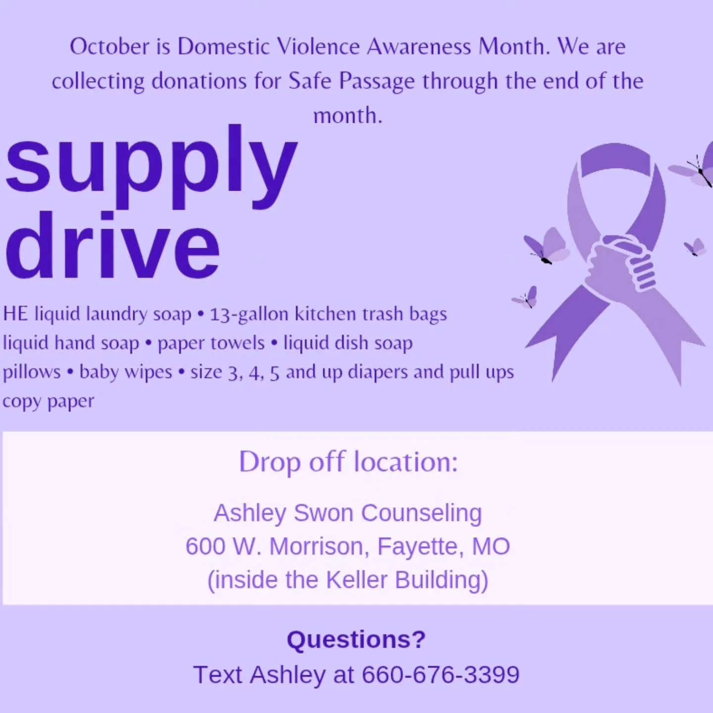 Starting Monday October 12 through the end of the month you can drop off donation items in the basket outside my office door. DM for more info!

#domesticviolenceawareness #domesticviolenceawarenessmonth #donation #donationdrive #mentalhealth