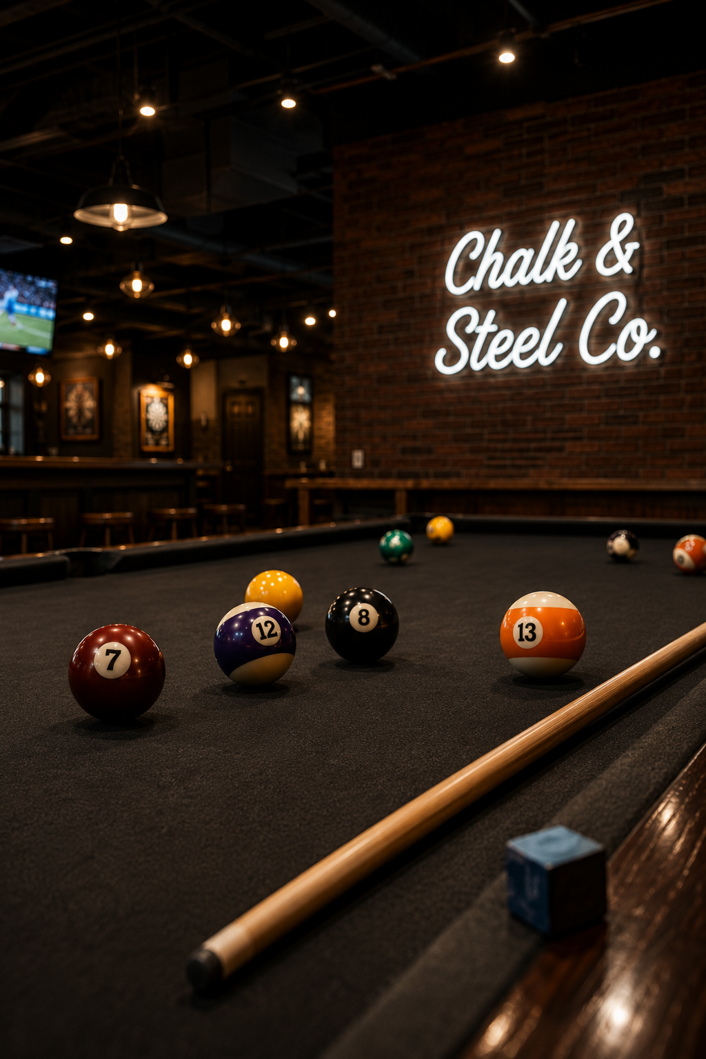 Atmospheric pool table scene representing Chalk & Steel Co., Keller's future pool and darts entertainment venue.