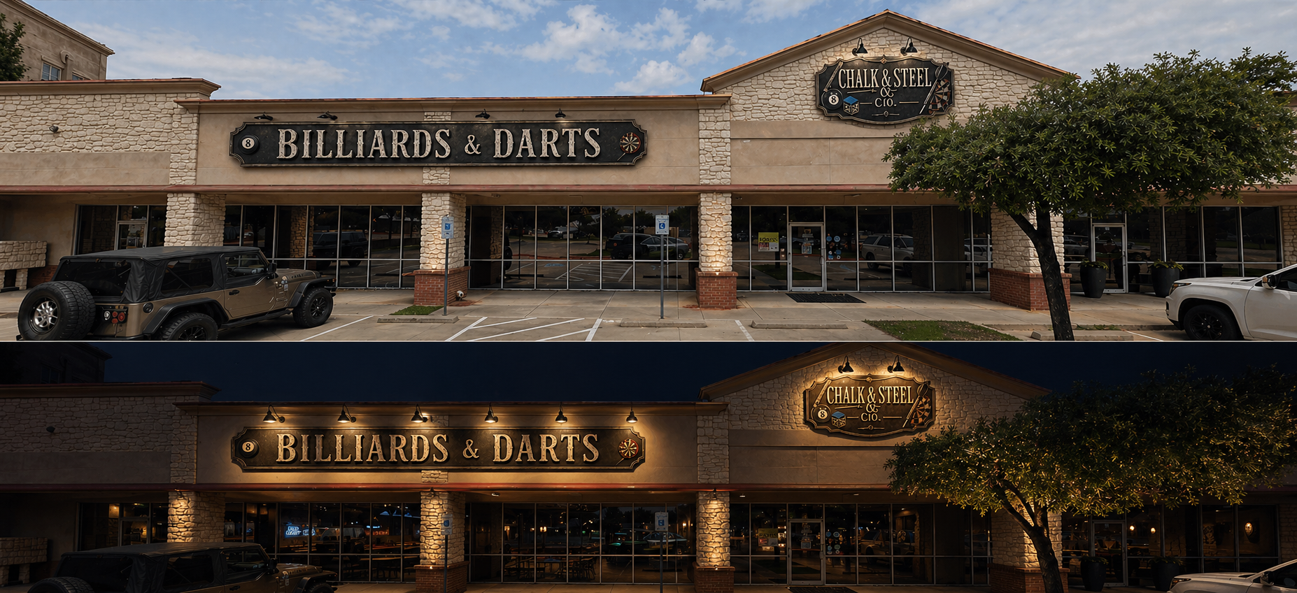 Day and night exterior rendering of Chalk & Steel Co., a future pool and darts entertainment venue in Keller, Texas.