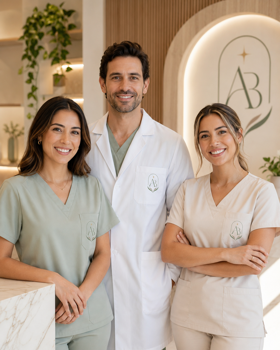 Grupo de tres profesionales de la salud sonriendo, vestidos con uniformes médicos, de pie en una clínica moderna o consultorio médico con un letrero al fondo que tiene las iniciales “AB” y un logotipo decorativo de hojas.